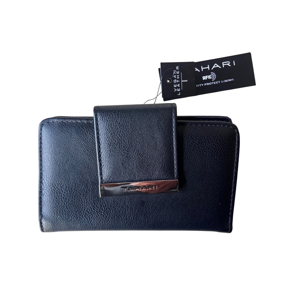 Tahari Black Vegan Leather RFID Tab Indexer Wallet NWT
